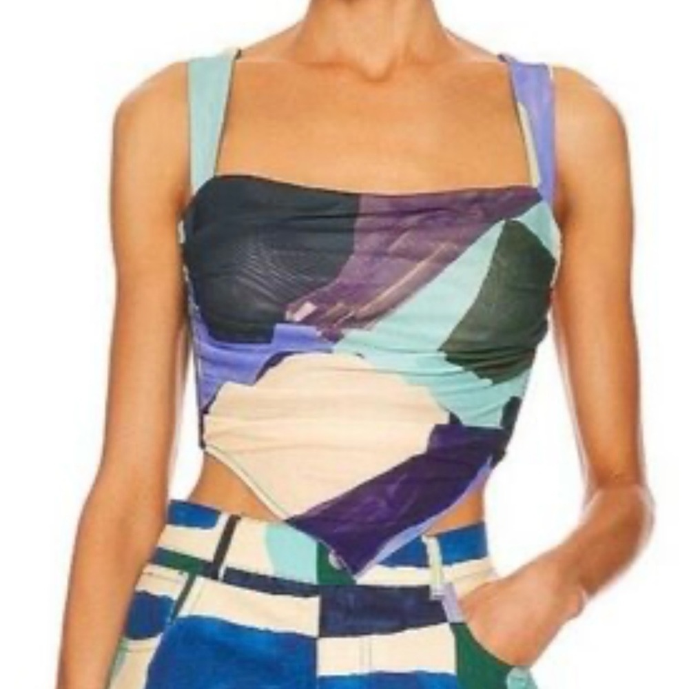 Miaou Mesh Tati Tank Top in Blue Abstract Print size Medium